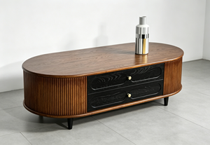 Retro Oval Fluted Wood Coffee Table with 2 <b>Drawers</b>, Mid-Century Storage Table for Living Room - Product Image 2
