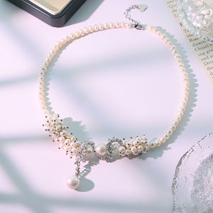 לבן מים מתוקים פנינה פרח גפן לבן שרשרת בצורת זירקון שרשרת עיצוב מפואר משובצת תכשיטים לנשים g0831 - Product Image 1