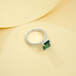 <b>Emerald</b> Cut Lab Created <b>Emerald</b> <b>Ring</b> S925 Sterling <b>Silver</b> Pave Side Stone Women <b>Ring</b> - Product Image 4