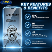 Protector de Pantalla de Vidrio Templado sin Bordes APEI Plus 300C para iPhone 18 17 Pro Max, Dureza 9H, Cobertura Total, Venta al Por Mayor