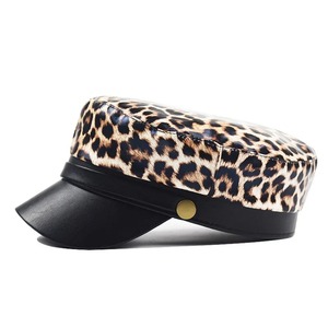 Chapeau béret vintage imprimé léopard pour femme en cuir PU Casquette plate - Product Image 2