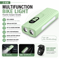 Lampe de vélo LED rechargeable étanche IP44 Z838 verte en ABS, avec fonction Power Bank et chargement Type-C, 500LM, modes Haute/Basse/Flash, idéale pour le camping