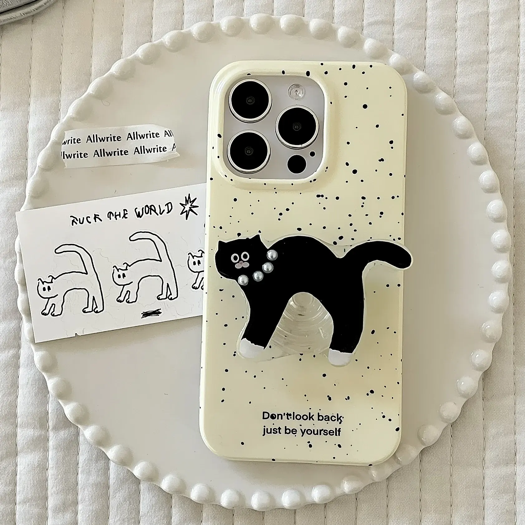 Fashionable INS Cartoon Ink Dots Black Cat Stand Case For IPhone 15 14 13 Pro Max Back Phone Cover For 12 11 Pro Max Capa