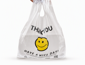 <span class=keywords><strong>Sac</strong></span> gilet en plastique recyclable <span class=keywords><strong>bleu</strong></span> avec impression de précision 'Thank You Have A Nice Day' pour l'emballage de courses, la vente au détail et les plats à emporter, avec poignée de transport - Product Image 2