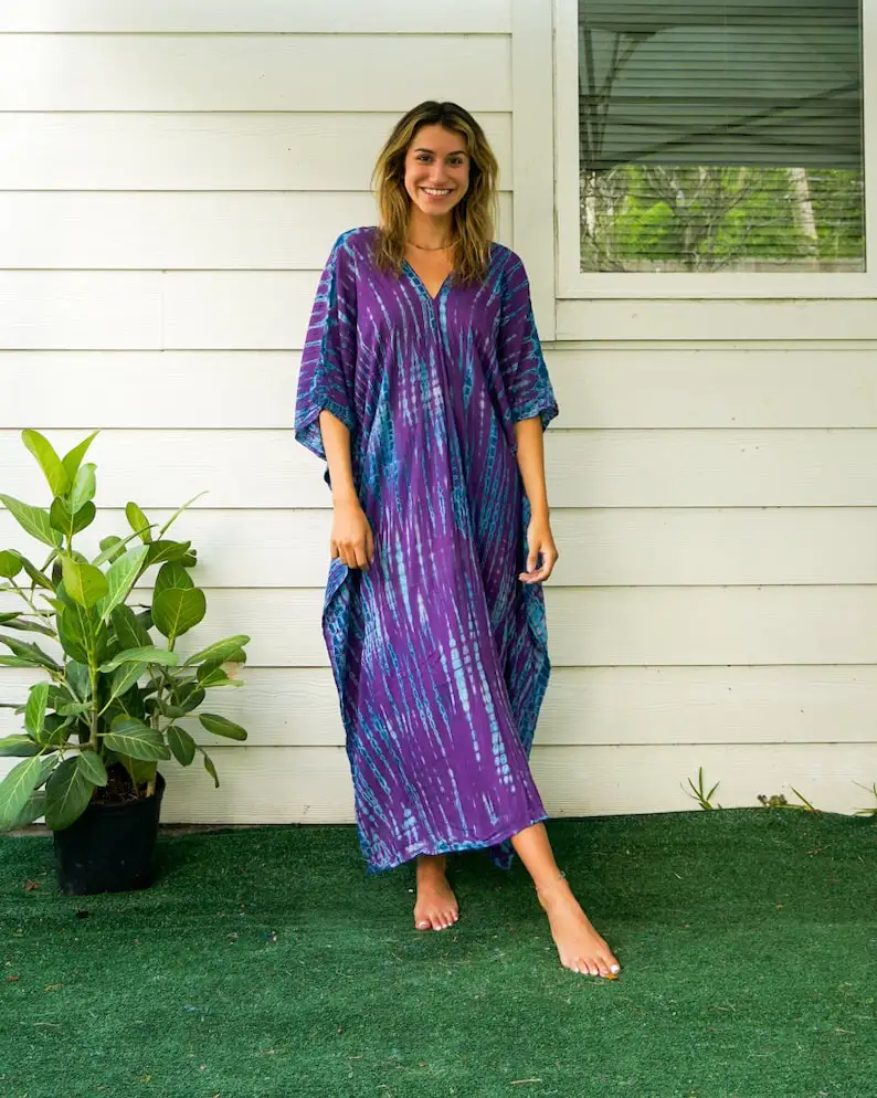 Oversize Kaftan Dress Tye Dye Poncho Loungewear Precio al por mayor Hand Tie Dye Impreso Hasta la rodilla Casual V-Neck Kaftan para mujer