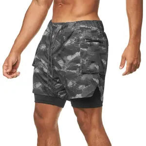 Mens 2 in 1 workout shorts with phone pocket, Cross fit short Mens fitness gym shorts Sports Running Shorts