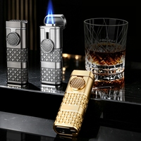 Briquet à cigares et cigarettes rechargeable coupe-vent, portable, en métal, à double flamme réglable, au propane/butane, avec coupe-cigare intégré