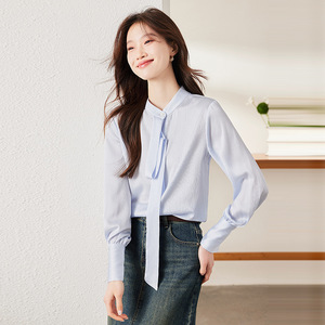 Women's Ribbon Shirt Top Long Sleeve <b>White</b> Chiffon Work Blouse Spring Autumn Professional Formal Wear - Product Image 4
