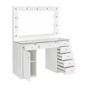 Coiffeuse vintage de luxe avec plateau en verre, mélamine et bois, grand miroir, 6 tiroirs, style rétro - Product Image 2