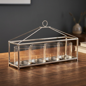 Bougeoir rectangulaire en métal en laiton AK avec 4 crochets en verre et en argent fini pour décor d'hôtel/décoration de table - Product Image 1