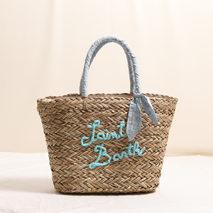 Borse da Spiaggia Estive Tote Blu in <span class=keywords><strong>Paglia</strong></span> con Logo Personalizzato, <span class=keywords><strong>Borsa</strong></span> a Spalla Intrecciata a Mano per la Spiaggia, Borse da Shopping Grande Capacità - Product Image 1
