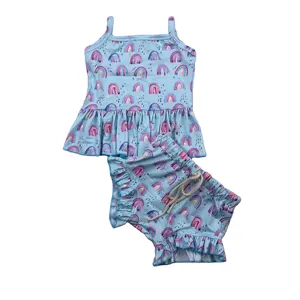 LZ – ensemble de vêtements à imprimé arc-en-ciel pour petites filles, top sans manches avec nœud et short, tunique, 2 pièces, 2022