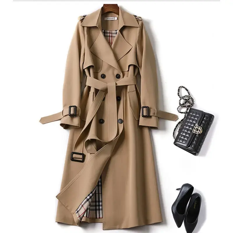 Hot Selling 2023 Elegant Manteau Women Midi Jacket Winter Woven Overcoat Long Belted Trench Coats