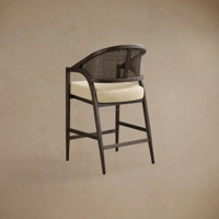 Tabouret de bar vintage américain majestueux avec dossier en rotin naturel et assise en lin, chaise de comptoir de luxe en chêne noir anthracite pour villa et salon
