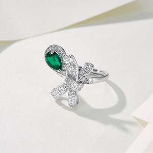 Luxury White <b>Gold</b> <b>Cocktail</b> <b>Ring</b> With Emerald Cut Green Gem And Baguette Diamonds Pave Setting Bowknot Design For Women H - Product Image 3