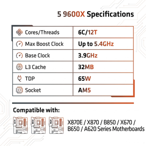 R5 9600X ซีพียูเดสก์ท็อป 6 คอร์ 12 เธรด AM5 ความเร็วพื้นฐาน 3.9GHz ความเร็วสูงสุด 5.4GHz Zen 5 รุ่นใหม่ แบบถาด (Bulk) ซีพียูเดสก์ท็อป 9600X 6C 12T ความเร็วสูงสุด 5.4GHz 3 - Product Image 6