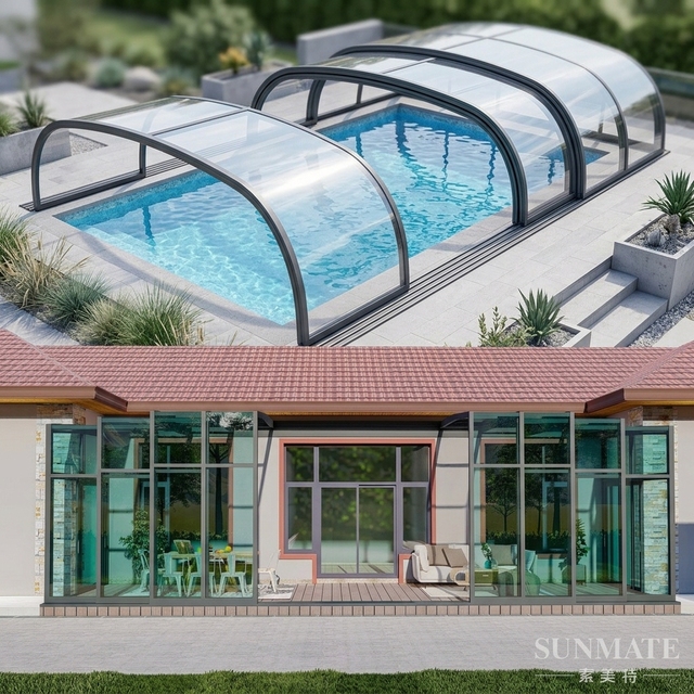Aluminum Alloy Retractable Sunroom Glass House Outdoor Patio Enclosure Motorized Roof Foldable Carport for Swimming Pool Garden
