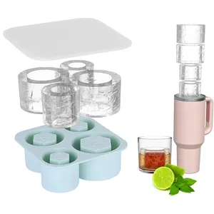Food Grade Slow Melting 4 Cavity Shot Silicone Ice Cube Tray Freezer Hollow Cylinders Ice Cube Molds For Stanley Cup Accessories
