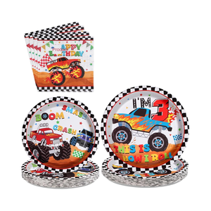 Ensemble de vaisselle à carreaux DAMAI pour fête d'anniversaire sur le thème des camions, décorations d'anniversaire pour la 3ème fête d'anniversaire sur le thème des camions pour enfants, pour 24 personnes - Product Image 4