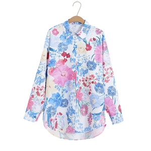 Chemisier en mousseline à manches longues Yuhong Spring pour femme, coupe ajustée, imprimé floral, avec manches cloche - Product Image 1