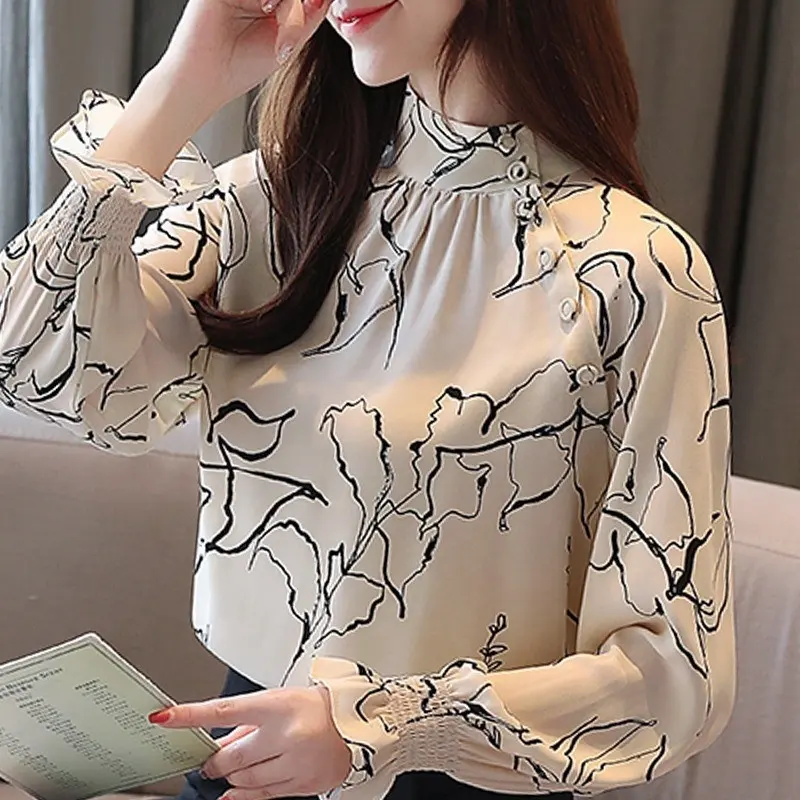 Dài Tay Áo Văn Phòng Phụ Nữ Phụ Nữ Áo Cánh Áo Sơ Mi Trắng Flower In Voan Phụ Nữ Tops Với Nút blusas Mujer De Moda B985