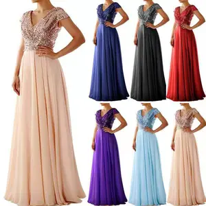 Elegant Popular Prom Long Evening Gowns V Neck Sequin Chiffon Champagne Draped Women Bridesmaid Party Dress