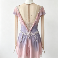 Robe de patinage artistique rose et violette dégradée avec strass, volants et maille, pour femmes et filles