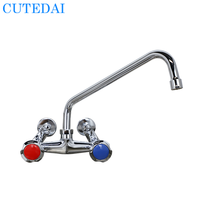 Robinet de lavabo industriel en laiton de 12 pouces avec poignée rouge et bleue, finition chromée, montage mural, deux trous, rotation à 360 degrés, facile à installer