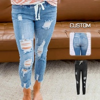 Haute qualité respirant été dames jean skinny taille basse Vintage trous en détresse denim foncé 100% coton