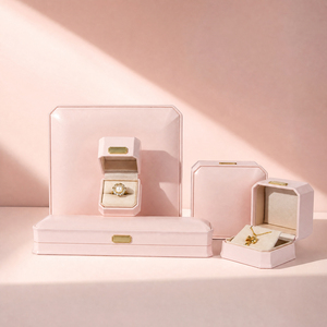 Coffret à bijoux Zebopak en cuir PU rose clair, forme octogonale, avec bague et collier, collection de cadeaux de Noël, vente en gros - Product Image 1