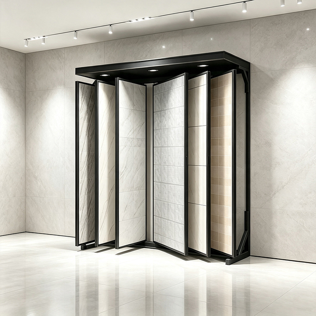 Modern Eco-Friendly Heavy Duty -Page Display Stand with Hinged Slotted Panels for Tile Stone Showroom Sample Browsing