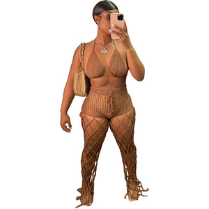 Handmade Summer Swimwear &amp; Beachwear See Through Beach Cover up Bra Hollow Out Fishnet Pants Mesh 2 Two Piece <strong>Crochet</strong> <strong>Set</strong> Women - Product Image 4