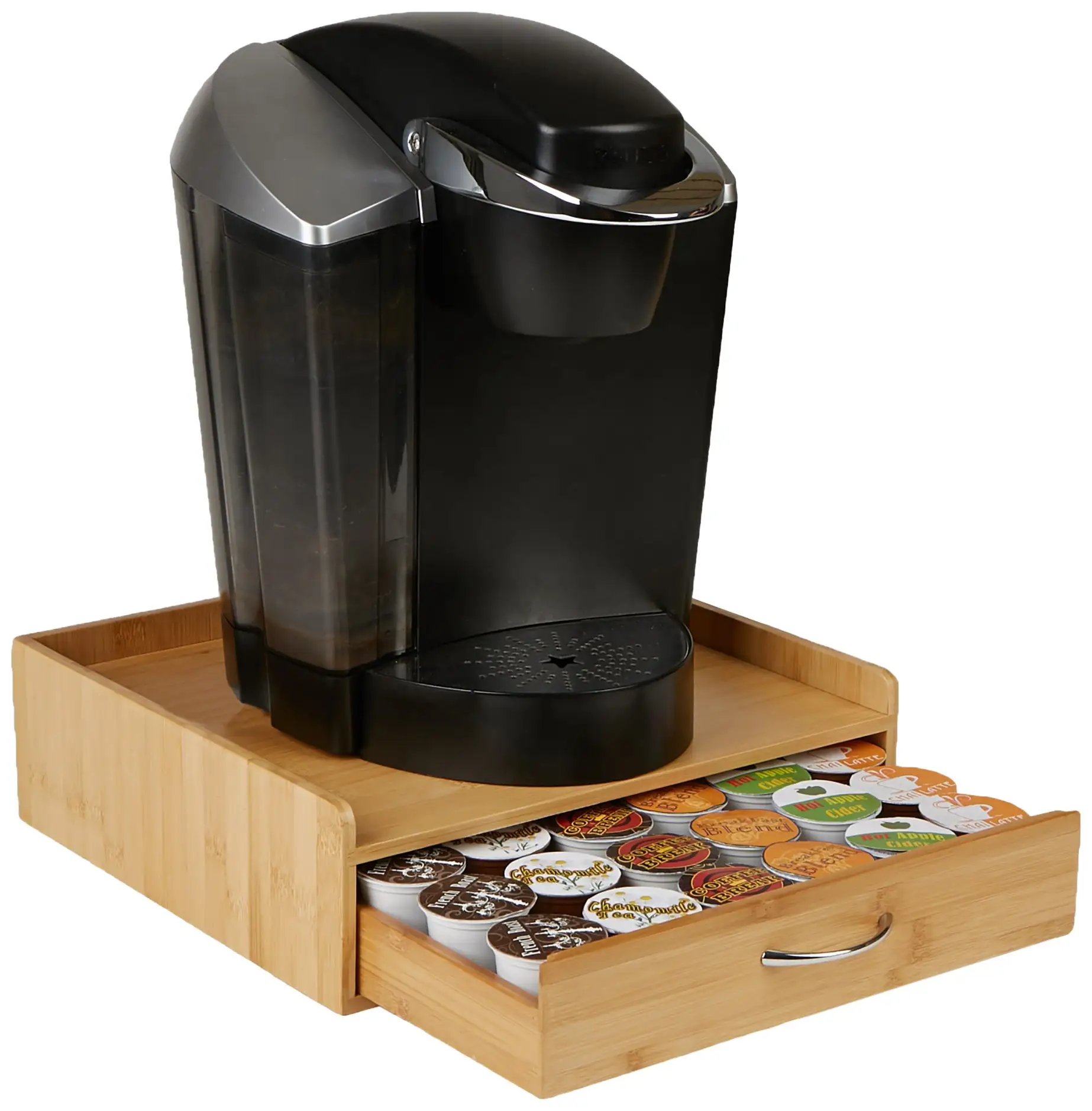 Organisateur de stockage de support de dosettes de café en bambou avec tiroir et boîte de rangement latérale pour dosettes de tasse Keurig, stockage de thé et dosettes expresso