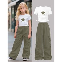 Haut court à manches courtes pour filles tendance, motif étoile, associé à un pantalon cargo à double poche, vert militaire, lavable, en Spandex/Polyester