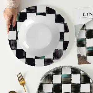 Mực và rửa phong cách bàn cờ đen trắng, đĩa thức ăn phương Tây ca rô, đĩa bánh tráng miệng gốm sáng tạo