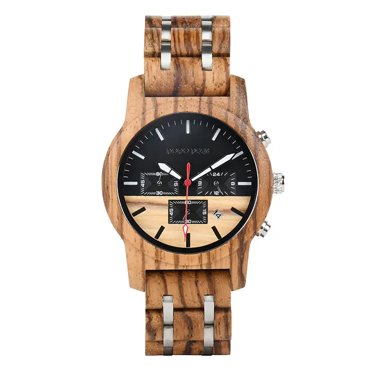 2022 석영 시계 도매 odm oem 사용자 정의 로고 나무 시계 세 서브 다이얼 크로노 그래프 시계