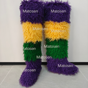 Mardi Gras 72CM Kadınlar İçin Düz Topuklu Diz Üstü Tüylü Suni Kürk Kar Botları Yumuşak Peluş Diz Üstü Yuvarlak Burunlu Moğol Kürk Botları - Product Image 1