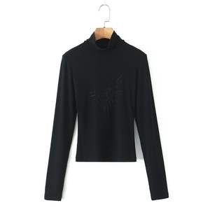 Runqi Haut de base à manches longues et col montant pour femme, orné de strass, noir, tricoté, coupe ajustée, usage quotidien N9061 - Product Image 1