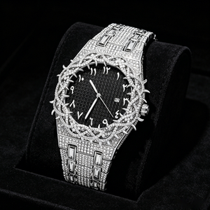 Reloj de pulsera para hombre PIN TIME PT106 con diamantes, estilo hip hop, con cristales brillantes, de cuarzo, resistente al agua, con fecha automática, luminoso, redondo. - Product Image 5