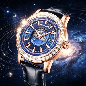 Montre de luxe pour homme, World Time GMT, boîtier en or rose, <span class=keywords><strong>lunette</strong></span> sertie de diamants, bracelet en cuir de 20 mm, aiguille, 24 fuseaux horaires, montre bleue de style business - Product Image 1