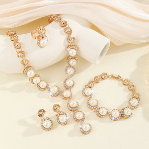 Collar y Pendientes de Aleación con Perlas de Imitación Florales Doradas, Exquisitos y a la Moda, para Bodas y Fiestas, Estilo Europeo Americano, Gran Venta Transfronteriza - Product Image 3
