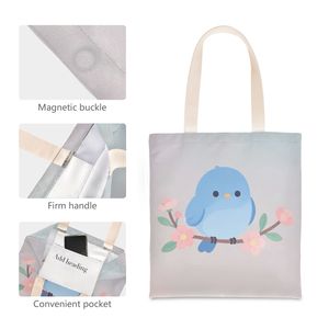 Custom Blue Bird Full Print <b>Canvas</b> <b>Shopper</b> Foldable Tote Bag with Inner Pocket for Daily Use Wholesale Bulk - Product Image 4