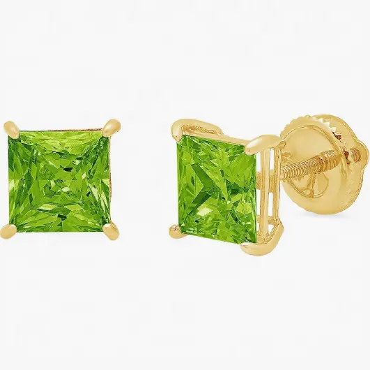 Designs 7.0mm Princess Cut Natural Green Peridot Gemstone Solid 14k Yellow Gold Small Elegant Screw Back Earrings for Women