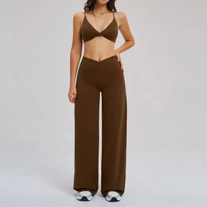 Custom Sustainable Recyclable High Stretchy Twist Front Halter Sports Bra Wide Leg Yoga Pants <b>V</b> Shape <b>Waist</b> Workout <b>Leggings</b> Set - Product Image 3