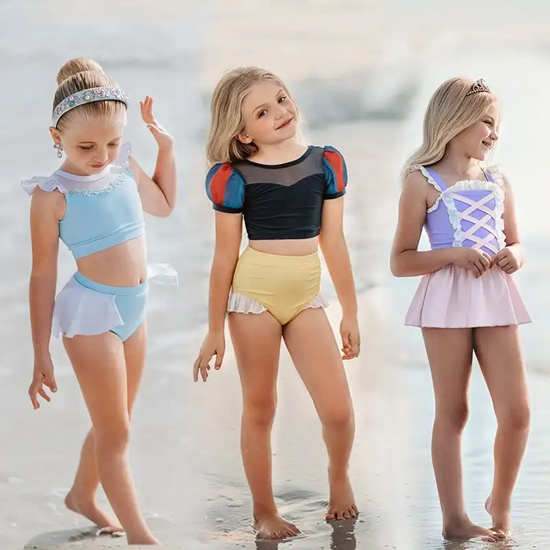 Цельная пляжная одежда принцессы 2022, детский купальный костюм с вырезами, купальник для девочек, бикини Эльзы, Анны, Золушки для маленьких девочек