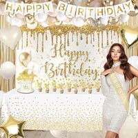 Kit de décoration d'anniversaire blanc et or pour femmes et filles avec arche de ballons crème beige, écharpe, nappe, bannière, toile de fond, décoration de gâteau
