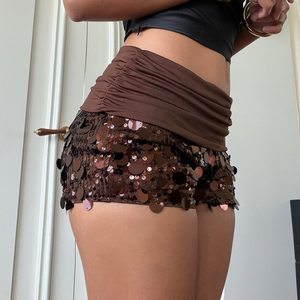 Shorts de punto fruncidos con lentejuelas brillantes, cintura con puños y patchwork, estilo exportación, para fiesta de baile, ajuste ceñido, Hot Pants - Product Image 4