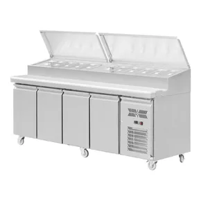 4 Door Pizza Counter Catering Refrigerated Sandwich Pizza Prep Tables Counter Equipment With Salad Display Cooler and SS Cover