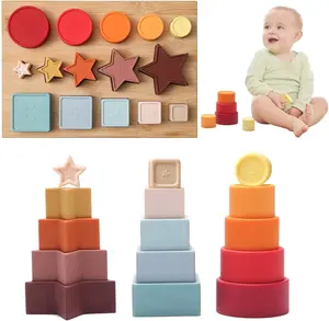 Zachte Siliconen Stapelen Speelgoed Set 15 Pcs Natuurlijke Regenboog Kleur Chew Natuurlijke Bijtring Voor Baby Montessori Systeem Nesten Speelgoed