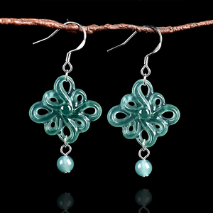 Natural <b>emerald</b> blue water Chinese knot earrings, S925 silver set with ice-grade jadeite earrings for women, pendant earrings - Product Image 1